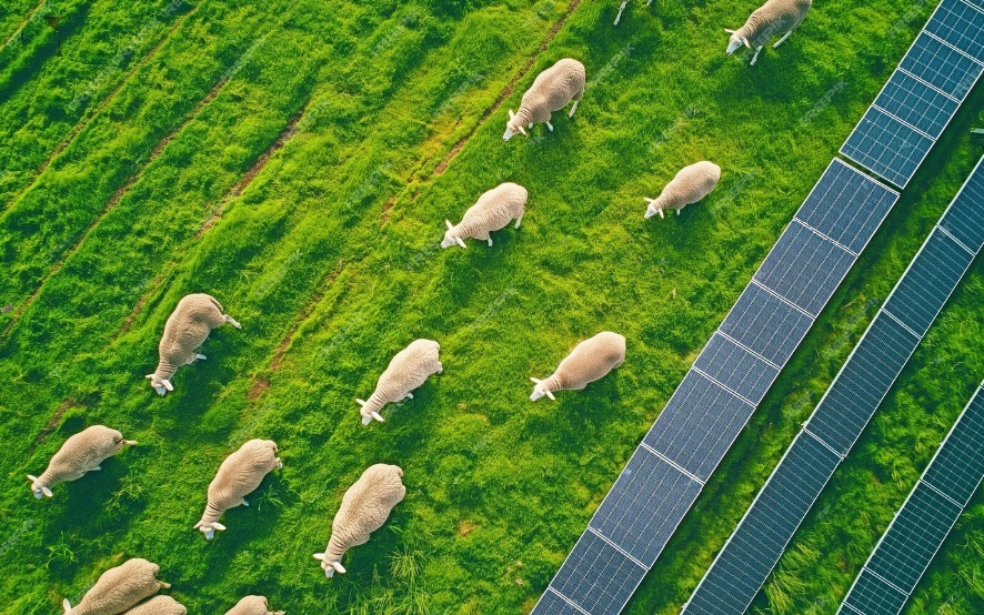 Legelő bárányok a mezőn napelempark mellett